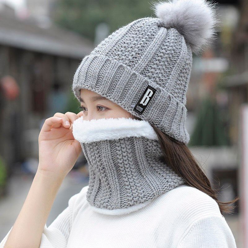 Autumn Winter Women's Hat Caps Knitted Wool Warm Scarf Thick Windproof Balaclava Multi Functional Hat Scarf Set For Women