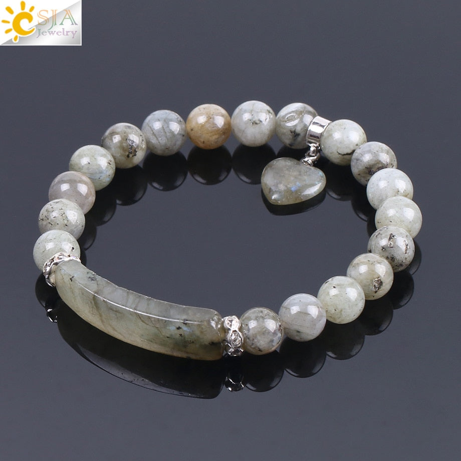 CSJA Natural Stone Bracelet Trendy Handmade Beaded Bangle Labradorite Beads Rectangle Love Heart for Women Men Yoga Jewelry F103