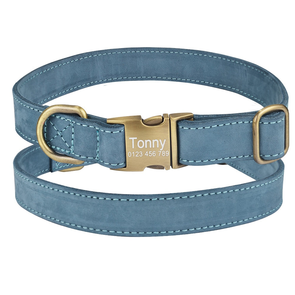 Leather Dog Collar Personalized Puppy Name Custom Engraved Boy Girl Buckle S-L