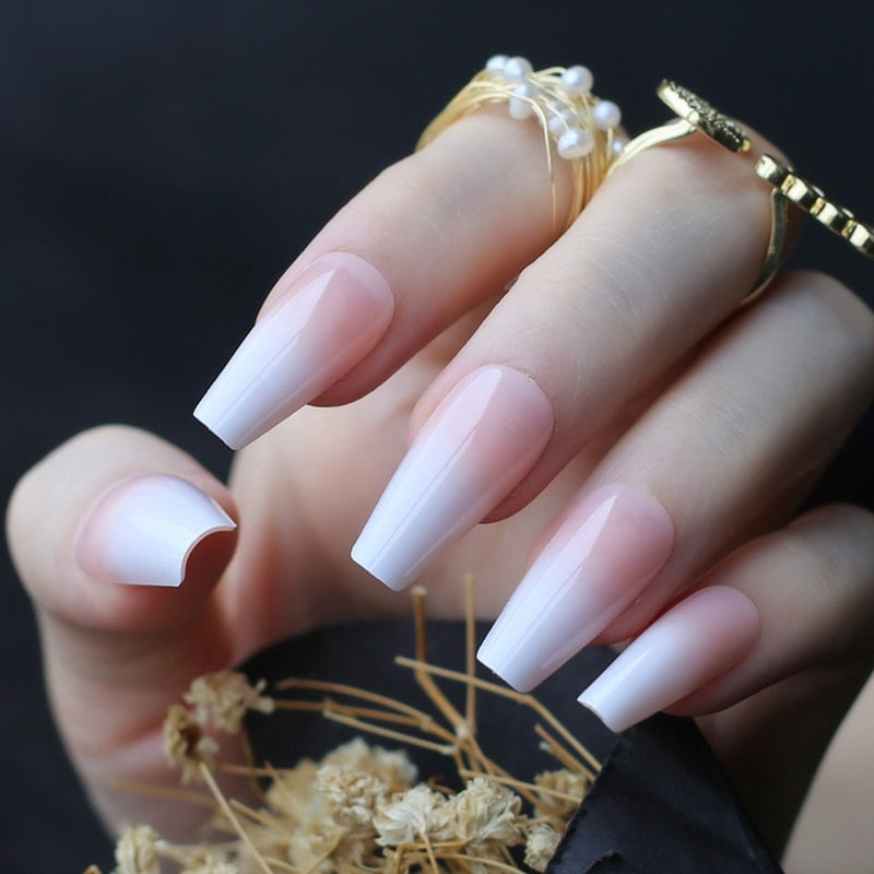 Coffin Nude French Black outline White Fake nails Ballet Art Nails Classic arc French design False nails 24PCS